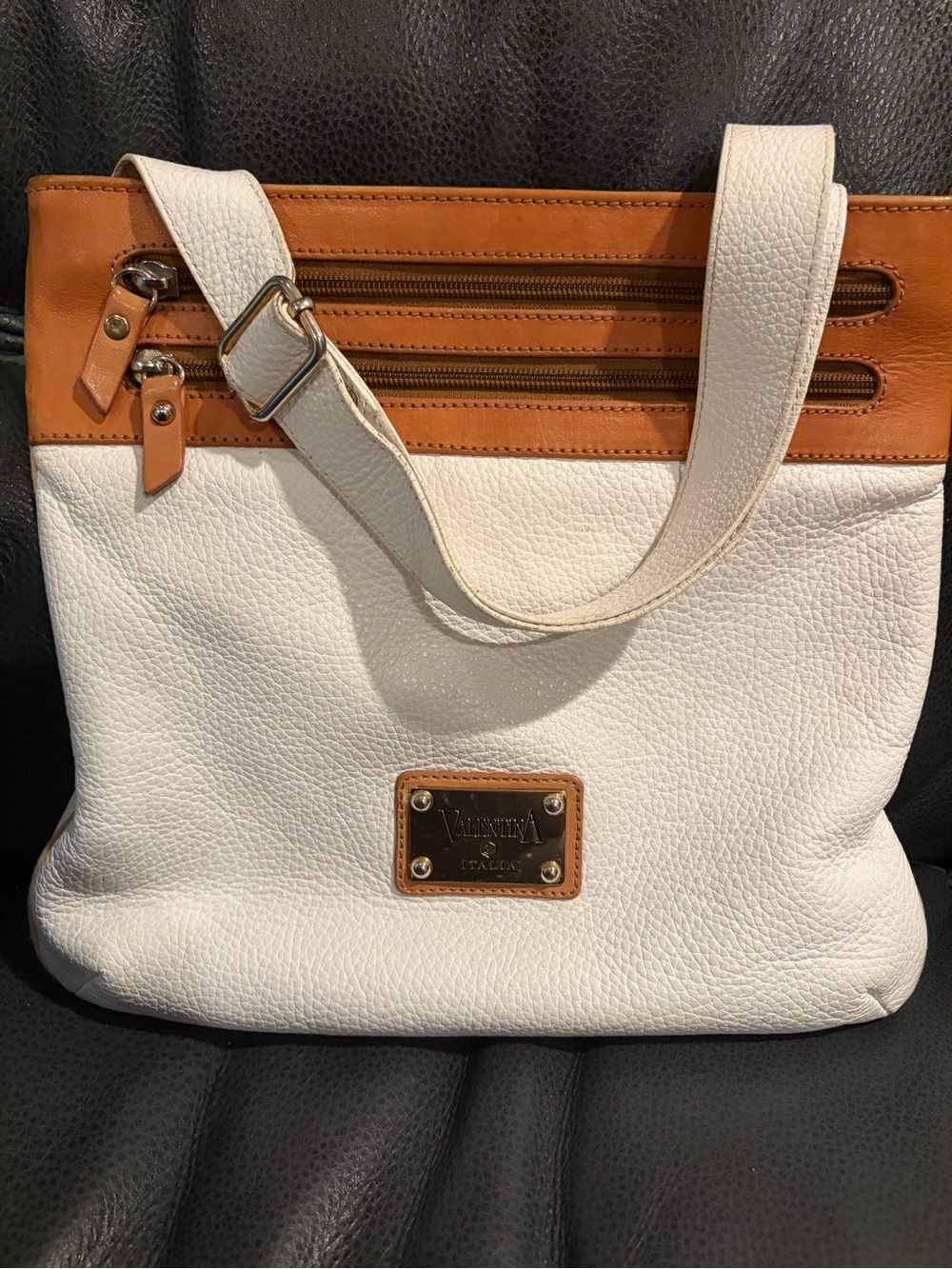 Valentina White & Tan Leather Shoulder Bag with Top Zippers
